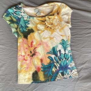 Chico's Vibrant Floral Short Sleeve Top - Blue, Yellow, Pink